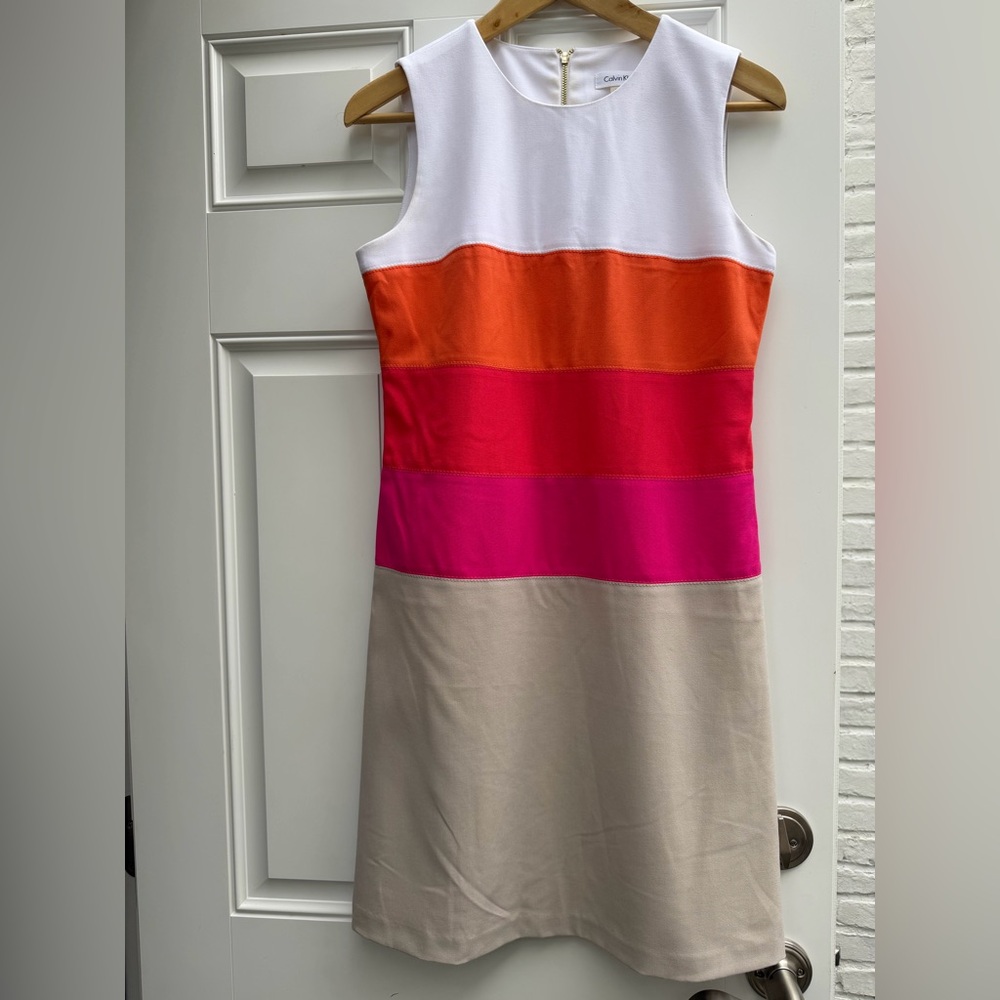 Calvin Klein Orange, Pink, and Tan Midi Dress